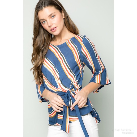 🥰LAST 1! Woven Striped Front Tie Ruffle Top! - Picture 4 of 5